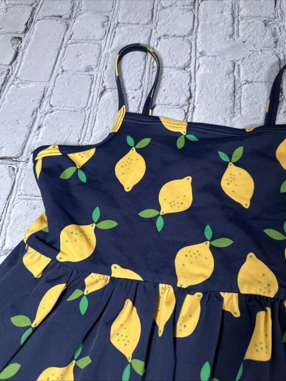 Hanna Andersson Lemon Tankini Swim Top Size 140 CM 10 Navy Blue Yellow Girls
